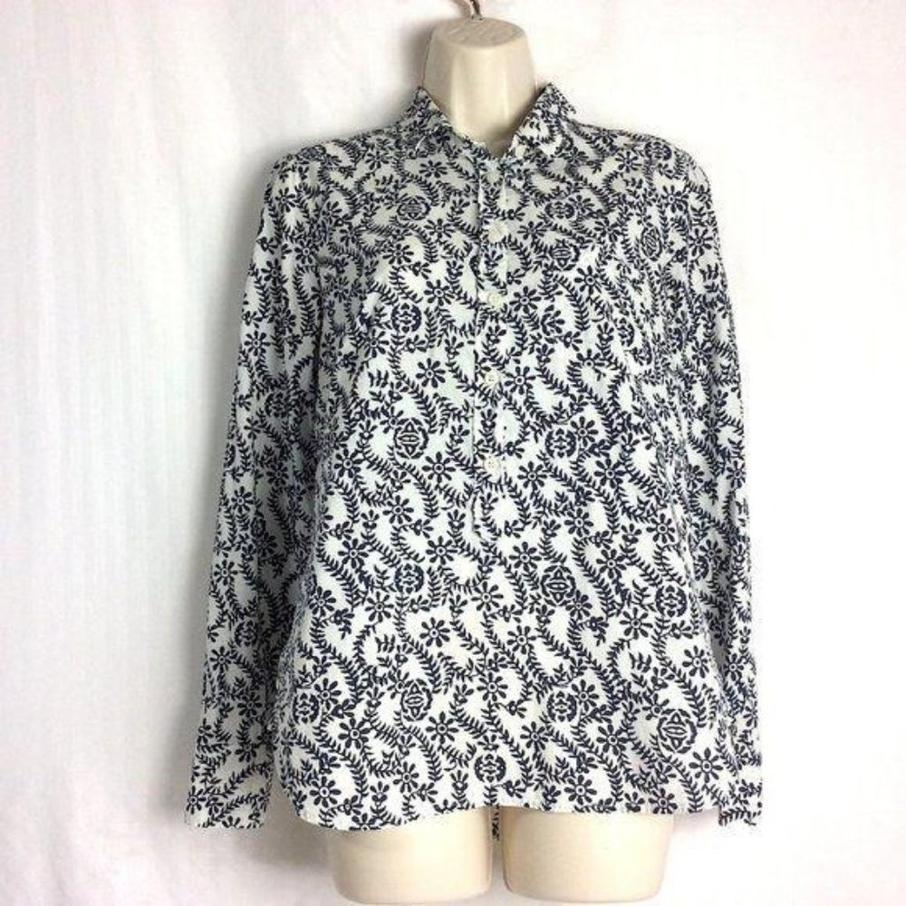 4/$25 J. Crew Women Shirt Top Blouse Popover Sz S Blue White Floral Long Sleeve
